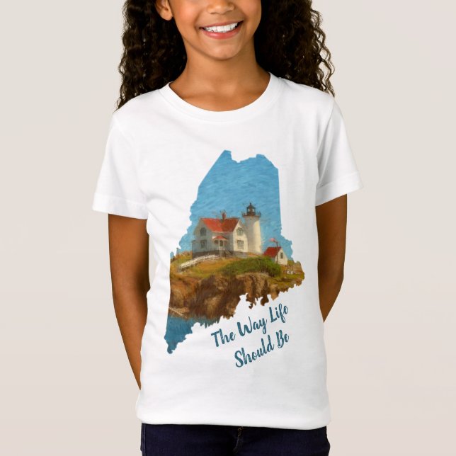 Niedliches Maine Sprichwort Nubble Lighthouse Girl T-Shirt (Vorderseite)