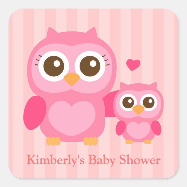 Niedliches Mami und Baby Pink Owl, Babydusche Quadratischer Aufkleber (Vorderseite)
