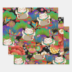 Niedliches Maneki Neko  Geschenkpapier Set