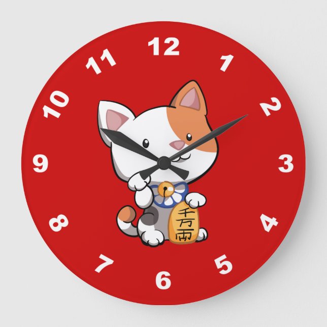 Niedliches Maneki Neko (glückliche zuwinkende Große Wanduhr (Vorderseite)