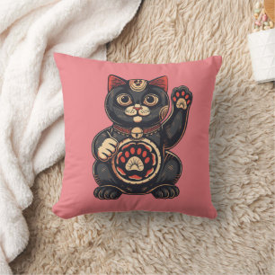 niedliches Maneki Neko Katzenaufdruck auf Japanisc Kissen