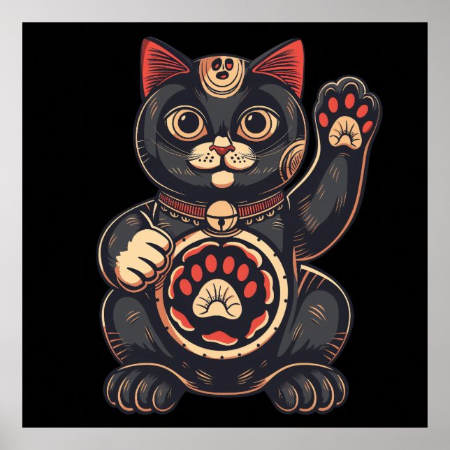 niedliches Maneki Neko Katzenaufdruck auf Japanisc Poster (Vorne)