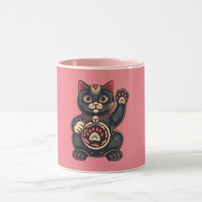 niedliches Maneki Neko Katzenaufdruck auf Japanisc Tasse (Zentrum)