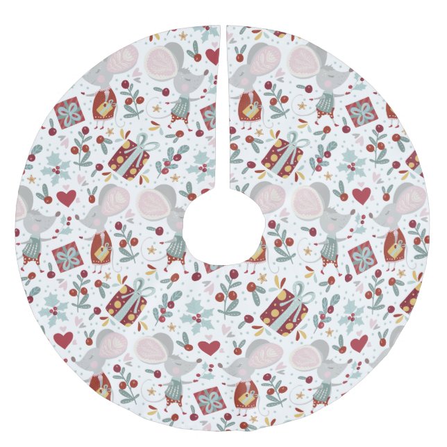 Niedliches Mäuse-Paar-Feiertage-Muster Polyester Weihnachtsbaumdecke (Vorderseite)