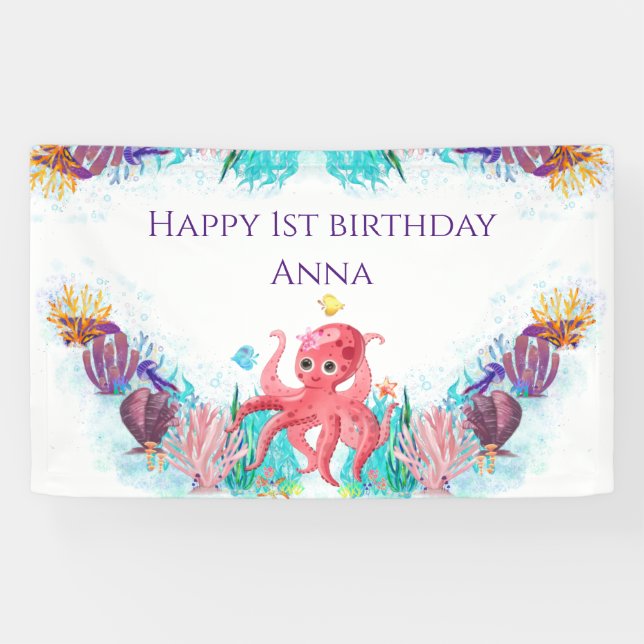 Niedliches Meer Octopus bunt Happy Birthday Banner (Horizontal)