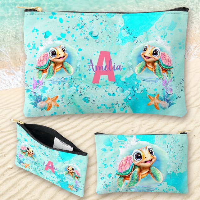 Niedliches Meer Schildkröte Meer Rosa Türkis Name Zubehörtasche (Cute Sea Turtle Girl Ocean Pink Turquoise Name Accessory Pouch)