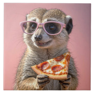 Niedliches Meerkat mit Brille und Pizza Fliese