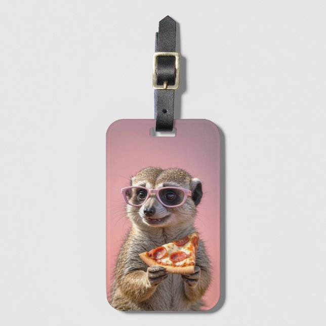 Niedliches Meerkat mit Brille und Pizza Gepäckanhänger (Vorderseite Vertikal)