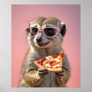 Niedliches Meerkat mit Brille und Pizza Poster
