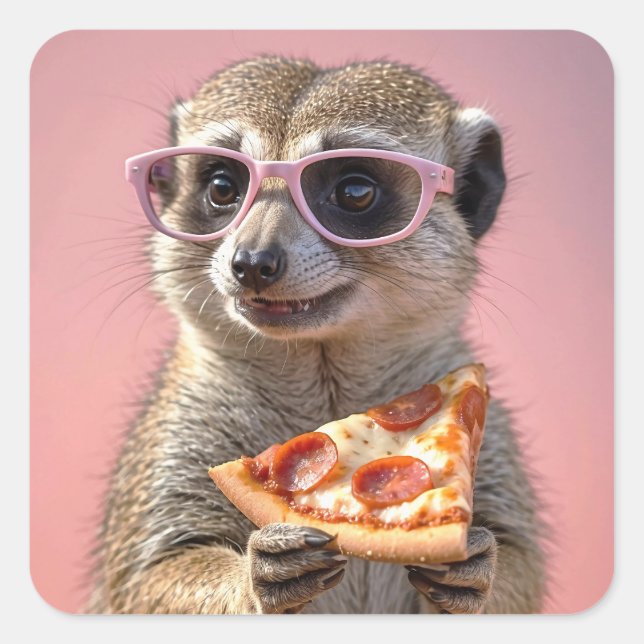 Niedliches Meerkat mit Brille und Pizza Quadratischer Aufkleber (Vorderseite)