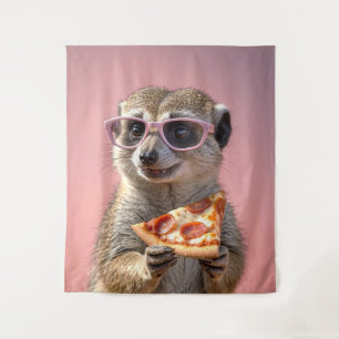 Niedliches Meerkat mit Brille und Pizza Wandteppich