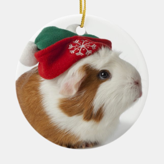 Niedliches Meerschweinchen mit Weihnachtshut auf Ornament Aus Metall (Vorne)