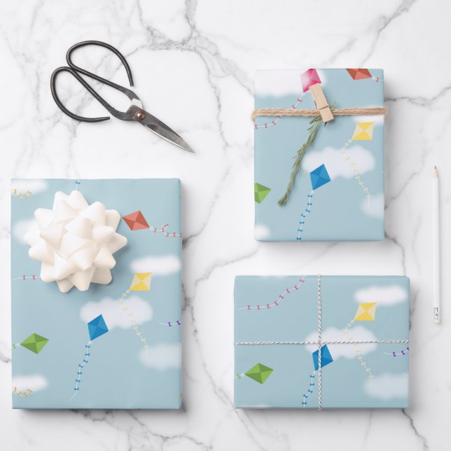 Niedliches mehrfarbiges Kites Kids-Muster Geschenkpapier Set (Vorderseite)