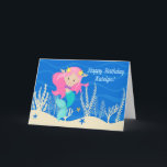 Niedliches Mermaid Happy Birthday Custom Kids Blue Karte<br><div class="desc">Niedliche individuelle Geburtstagskarte der Meerjungfrau mit einem hübschen,  rosa haarigen kleinen Mädchen mit einem coolen aquamarinen Schwanz,  das neben der wunderschönen Koralle im Ozean schwimmt. Coole Sommergeburtskarte für ein Strandkind.</div>