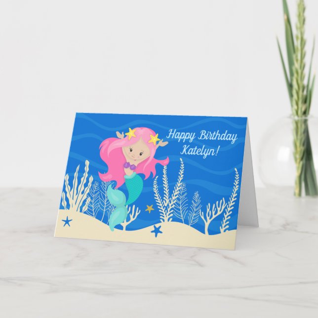 Niedliches Mermaid Happy Birthday Custom Kids Blue Karte (Vorderseite)