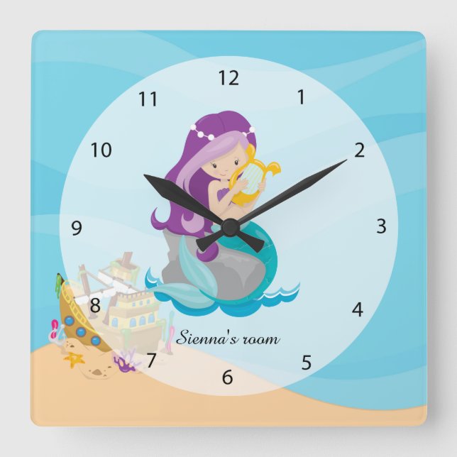 Niedliches Mermaid Quadratische Wanduhr (Vorderseite)