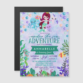 Niedliches Mermaid Thema Geburtstagsparty Einladun Magneteinladung
