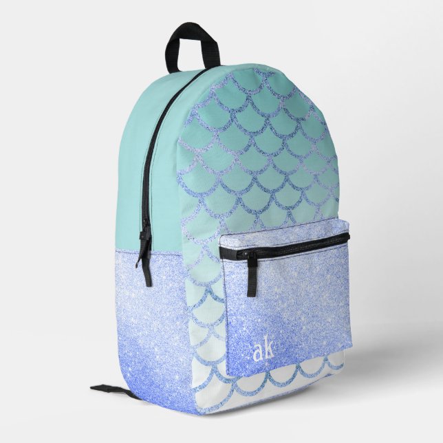 Niedliches Mermaid Turquoise Lila Glitzer Monogram Bedruckter Rucksack (Rückseitige Ecke links)