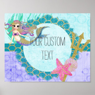 Niedliches Mermaid-Watercolor, Aquamarin und Lila Poster