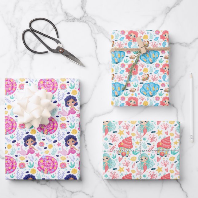 Niedliches Mermaids Wrapping Paper Set von 3 Geschenkpapier Set (Vorderseite)