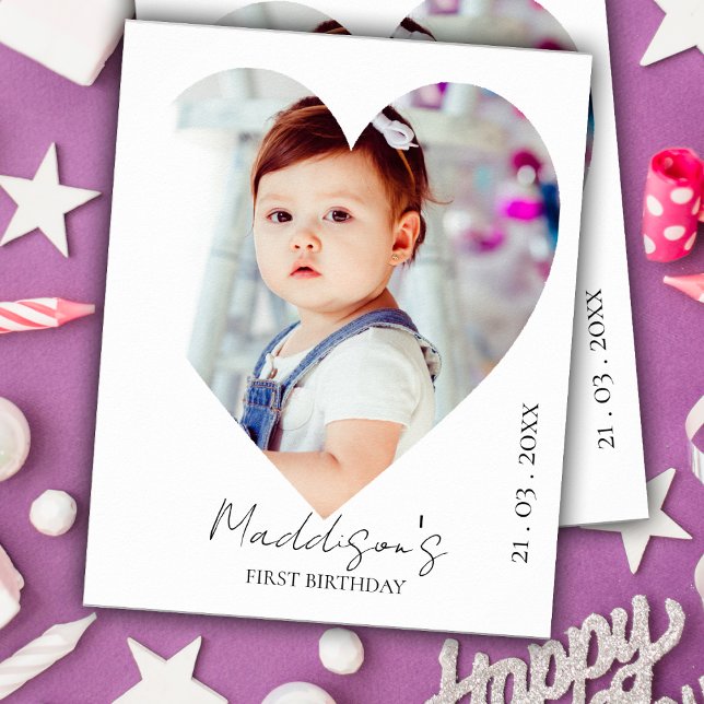 Niedliches Minimalistisches Herz Foto Erste Geburt Poster (Cute Minimalist Heart Photo First Birthday Party Poster)