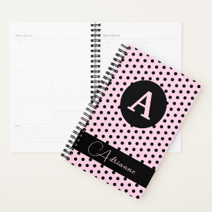 Niedliches Mit Monogramm Rosa mit schwarzen Polka- Planer