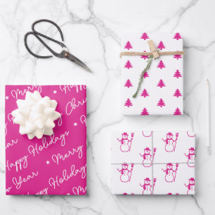 Niedliches Modern Pink Snowman Weihnachtsbaumskrip Geschenkpapier Set