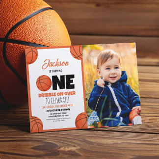 Niedliches modernes Basketball-Foto 1. Geburtstag Einladung
