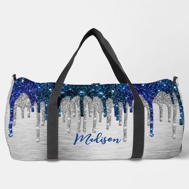 Niedliches, modernes Blue Glitzer Tropfen-Monogram Duffle Bag (Vorderseite)