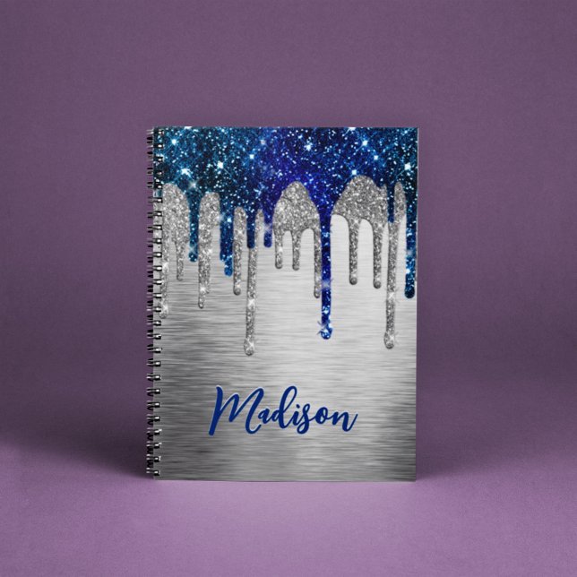Niedliches, modernes Blue Glitzer Tropfen Monogram Notizblock (Von Creator hochgeladen)