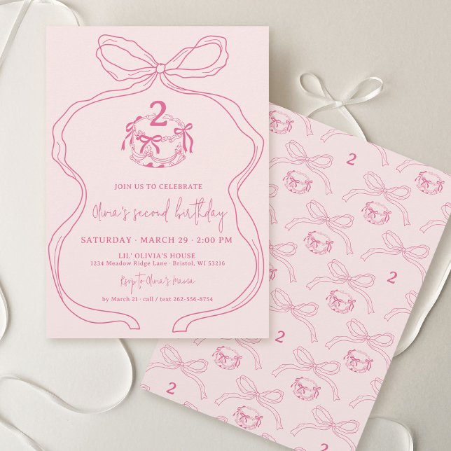 Niedliches, modernes Handgezeichnetes Bow Pink Gir Einladung (Cute modern quirky whimsical hand drawn coquette pink bow cake girly girl kids birthday party invite)