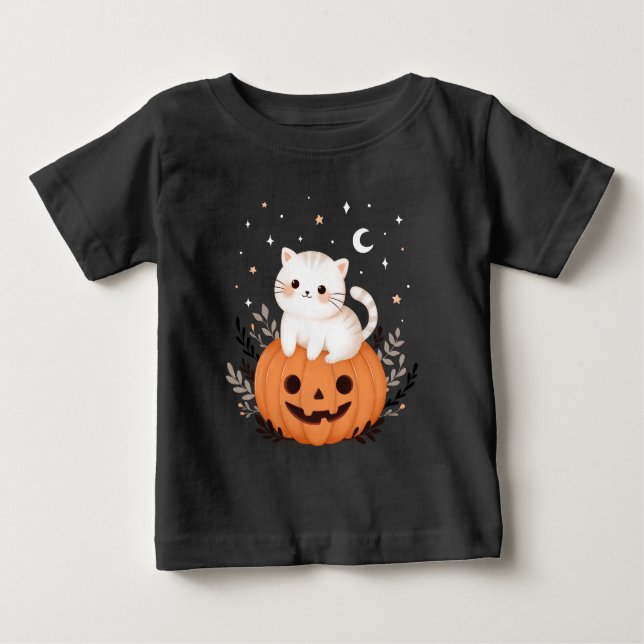 Niedliches modernes Kitten am KürbisHalloween Baby T-shirt (Vorderseite)