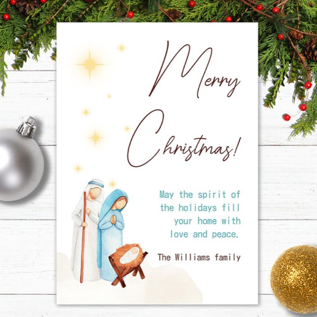 Niedliches, modernes Krippenbaby Jesus Feiertagskarte (Modern Christmas card with cute nativity scene and baby Jesus.
Personalize text.)