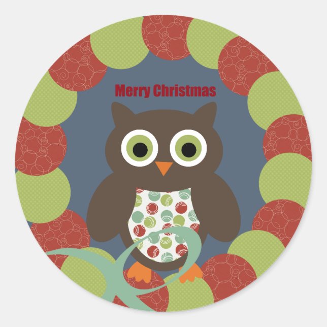 Niedliches, modernes Owl Kraut Frohe Weihnachtsges Runder Aufkleber (Vorderseite)