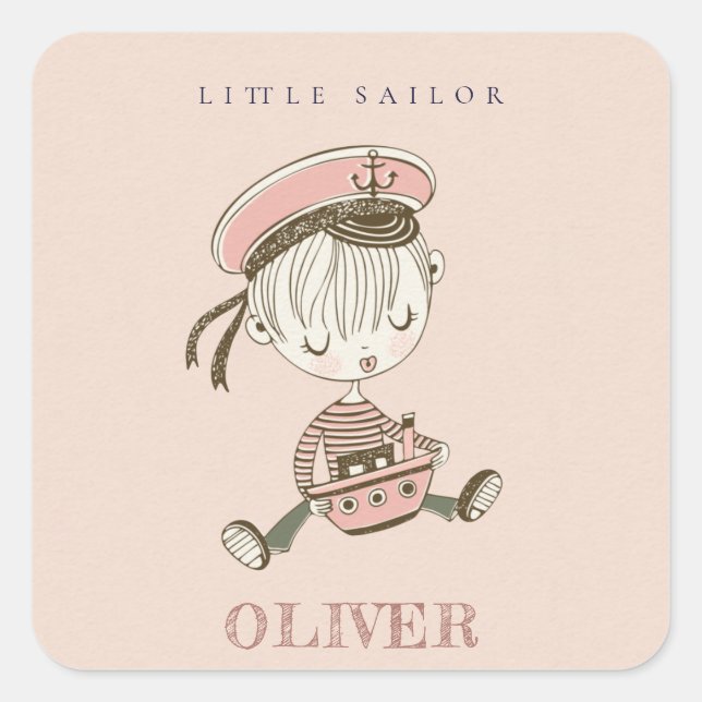 Niedliches, modernes Rosa Girl Little Sailor Nauti Quadratischer Aufkleber (Vorderseite)