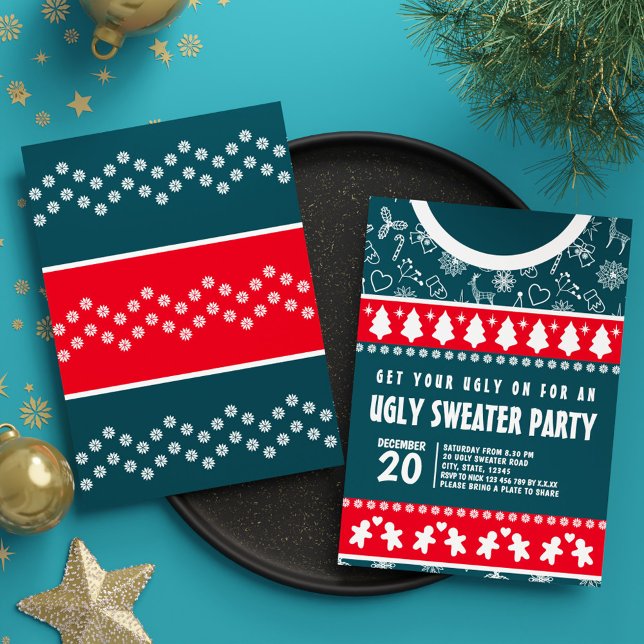 Niedliches modernes Rot und Blau Ugly Sweater Xmas Einladung (Cute Modern Red and Blue Ugly Sweater Xmas Party Invitation)