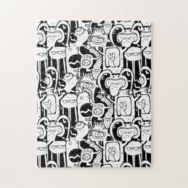 Niedliches Monochrome Doodle-Monstermuster Puzzle (Vertikal)
