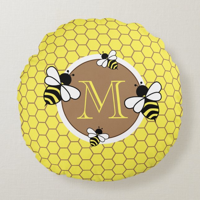 Niedliches Monogram Bees Honeycomb Muster Kinderzi Rundes Kissen (Vorderseite)