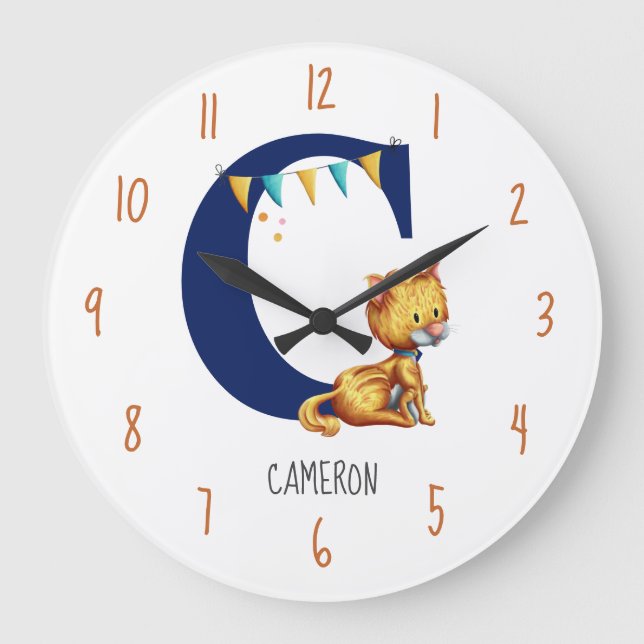 Niedliches Monogramm Cat-Kinderzimmer Große Wanduhr (Vorderseite)