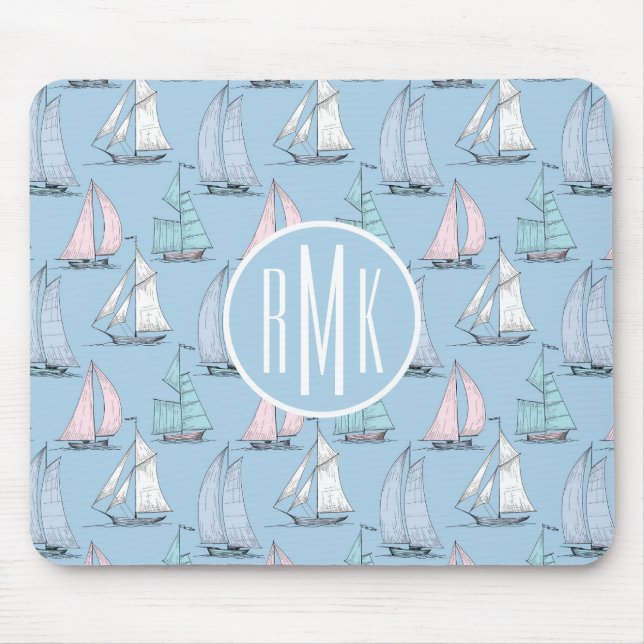 Niedliches Monogramm des Segelboot-Muster-| Mousepad (Vorne)