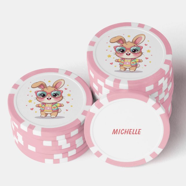 Niedliches Monogramm-Mädchen-Häschen mit Brille Pokerchips (Stapel)
