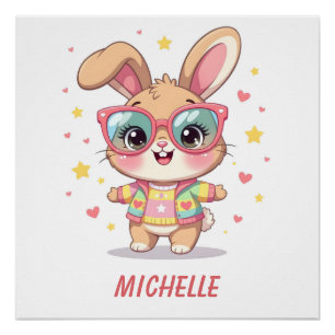 Niedliches Monogramm-Mädchen-Häschen mit Brille Poster