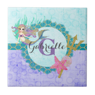 Niedliches Monogramm Mermaid Aquamarin und Lila Fliese