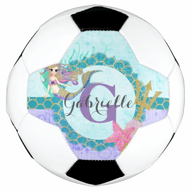 Niedliches Monogramm Mermaid Aquamarin und Lila Fußball (Vorderseite)