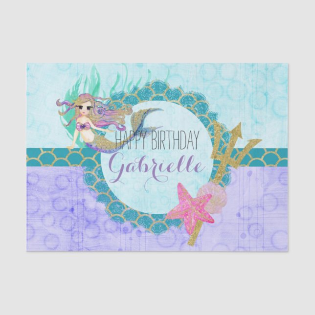 Niedliches Monogramm Mermaid Aquamarin und Lila Ge Seidenpapier (Vorderseite)