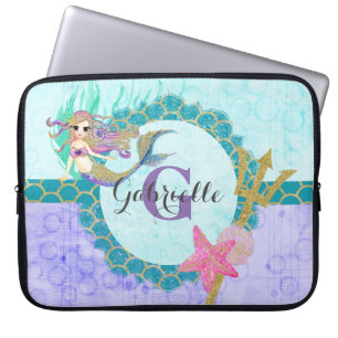 Niedliches Monogramm Mermaid Aquamarin und Lila Laptopschutzhülle
