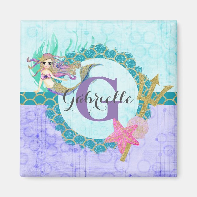 Niedliches Monogramm Mermaid Aquamarin und Lila Magnet (Vorne)