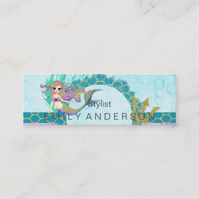 Niedliches Monogramm Mermaid Aquamarin und Lila Mini Visitenkarte (Vorderseite)