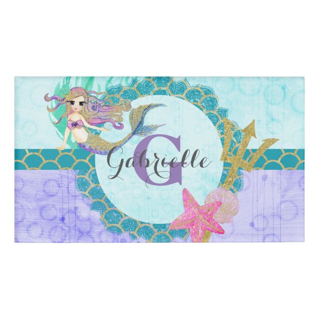 Niedliches Monogramm Mermaid Aquamarin und Lila Namenschild (Vorderseite)