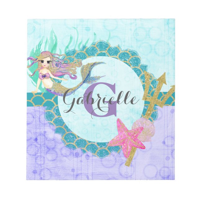 Niedliches Monogramm Mermaid Aquamarin und Lila Notizblock (Vorderseite)